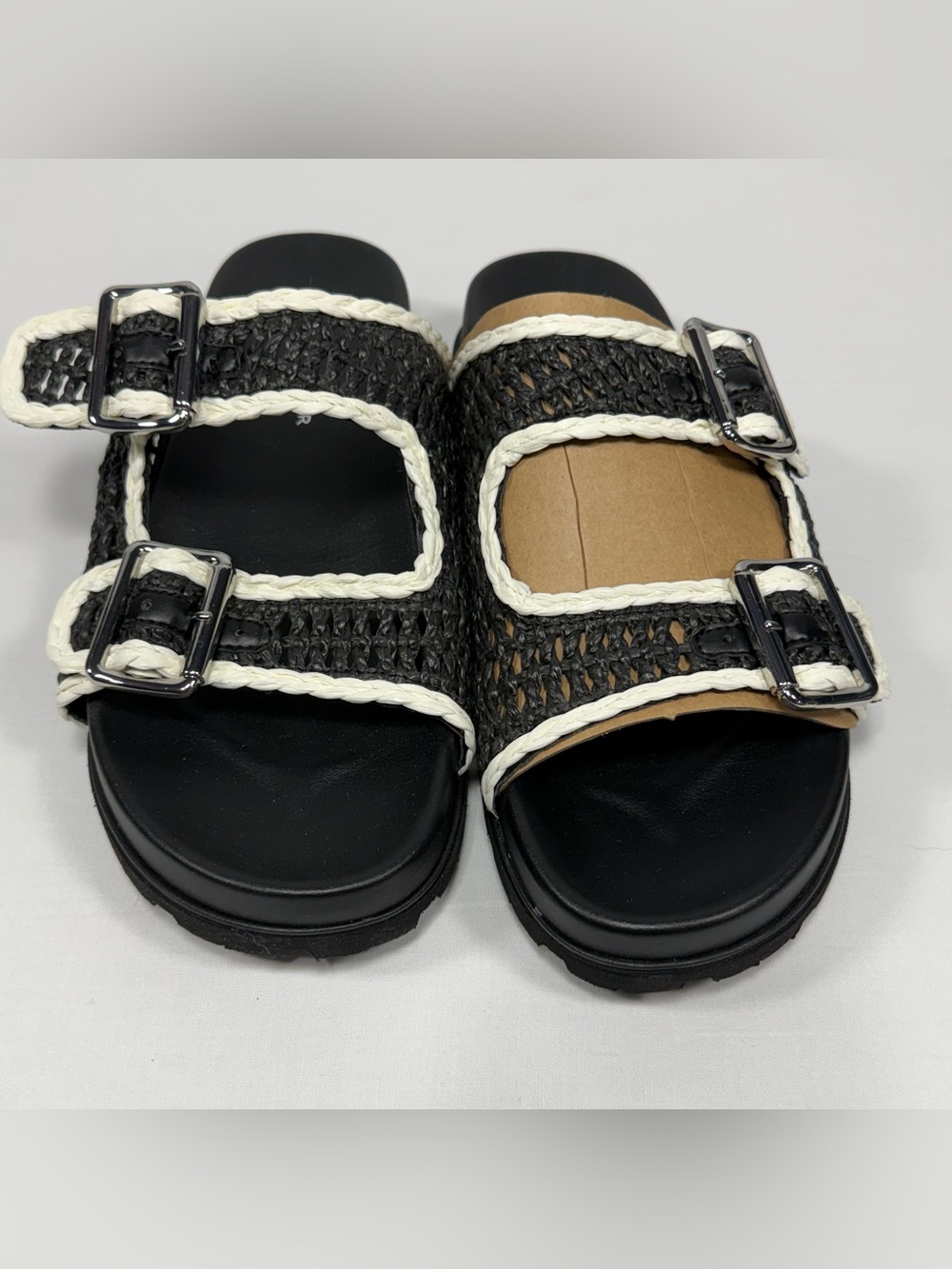 New Marc Fisher LTD Black‎ Raffia Dual Buckle Lug Slide Sandal Size 10 10M